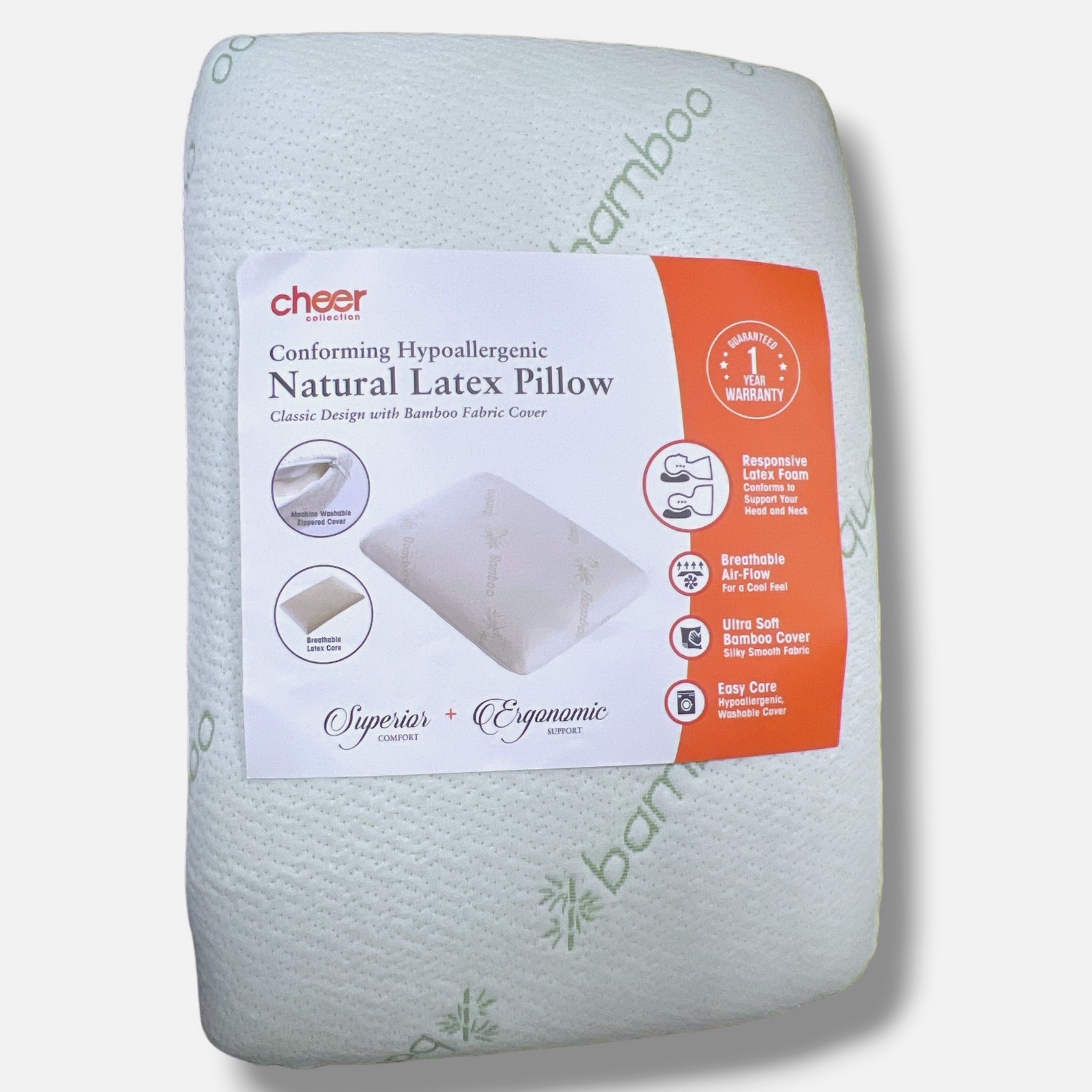 Cheer Collection White Latex Foam Pillow & Soft Washable Bamboo Cover 24x16x6