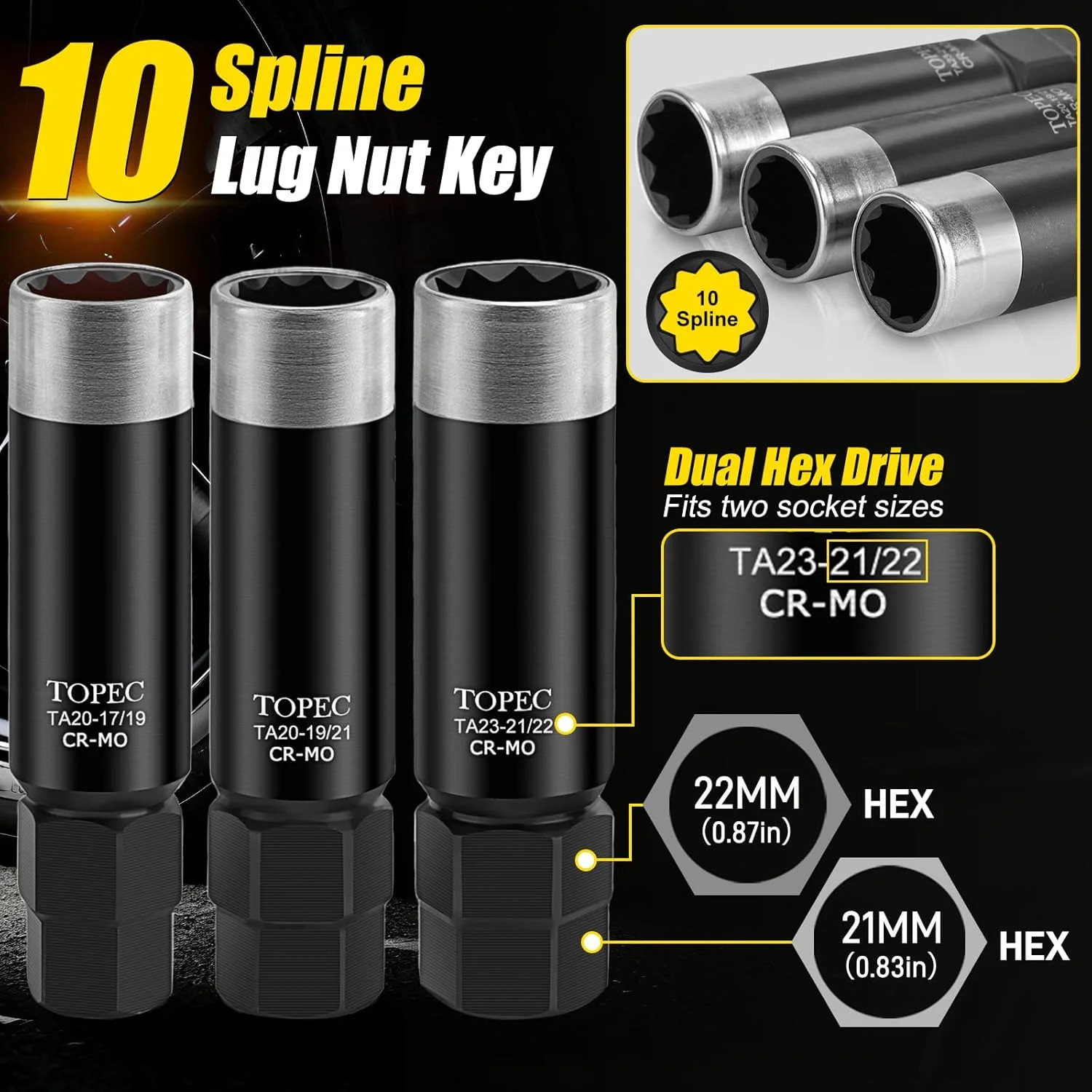 Topec 11PCS Master Lug Nut Key Set - 5, 6, 7, 10, 12 Spline Lug Nut Socket Set,