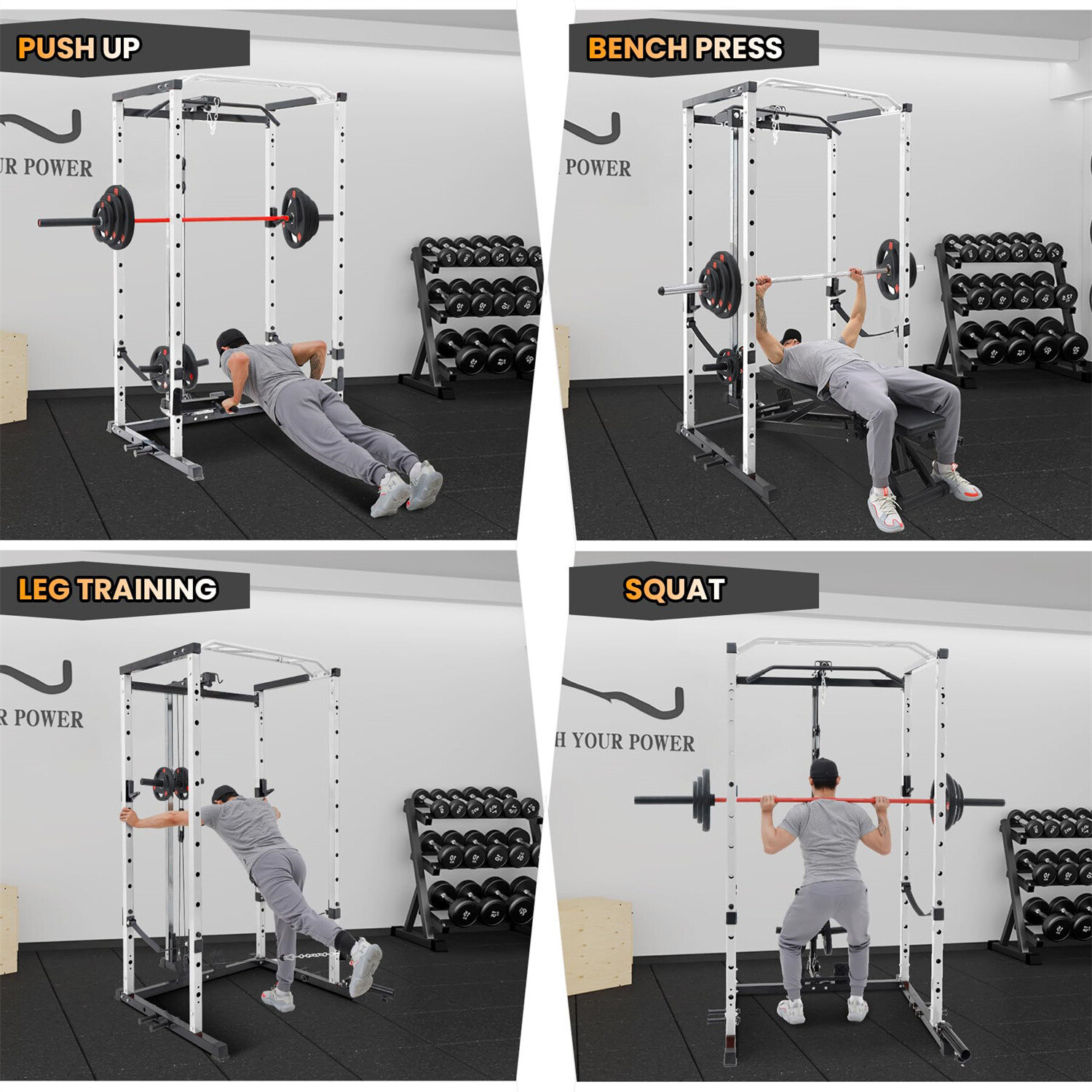 🔥Power Cage Multi-Functional Power Rack with Cable Pulley System and J-Hooks US