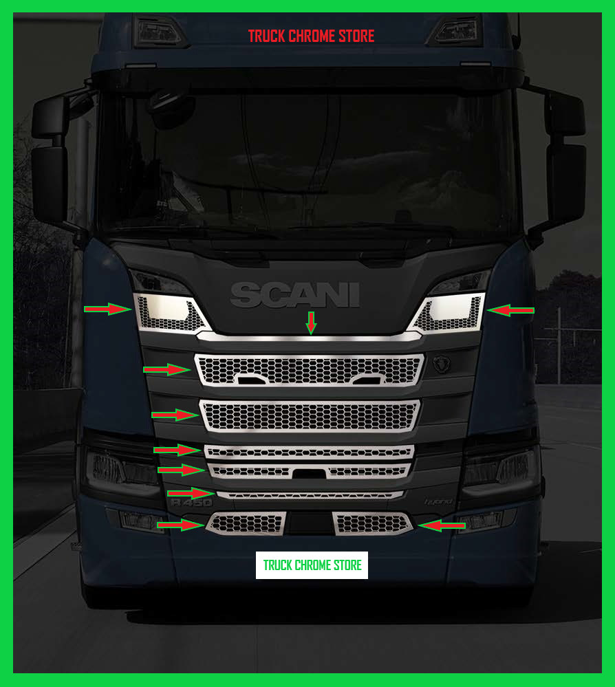NG    R450      GRILL CHROME      Stainless STEEL    1 SET.        Fits Scania