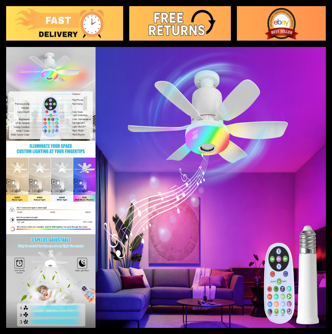 Remote Control Ceiling Fan Light with Bluetooth Speaker, RGB Colors, 3 Speeds, E