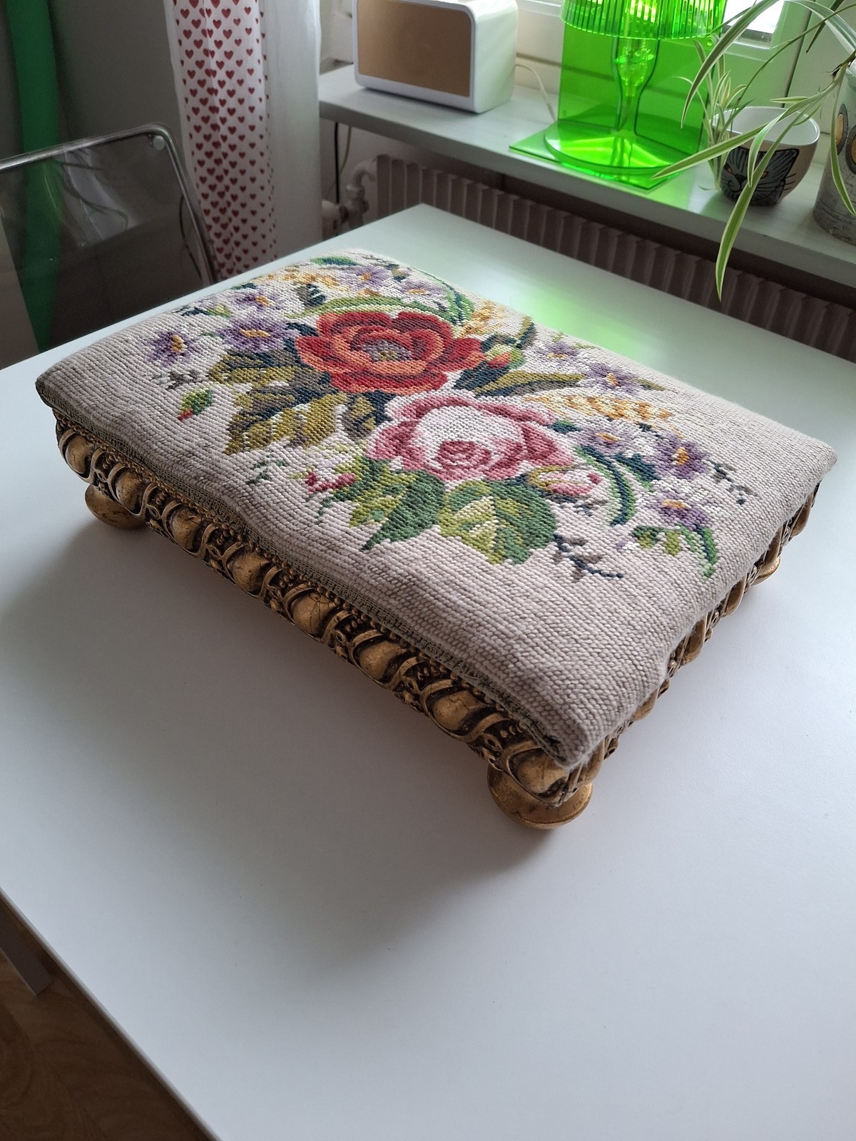 Petit point foot rest gilt foot stool vintage sweden