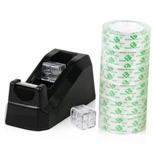 Tape Dispensers Desk, 1 Pack with 6Rolls Transparent Tape Refills, 1 Black