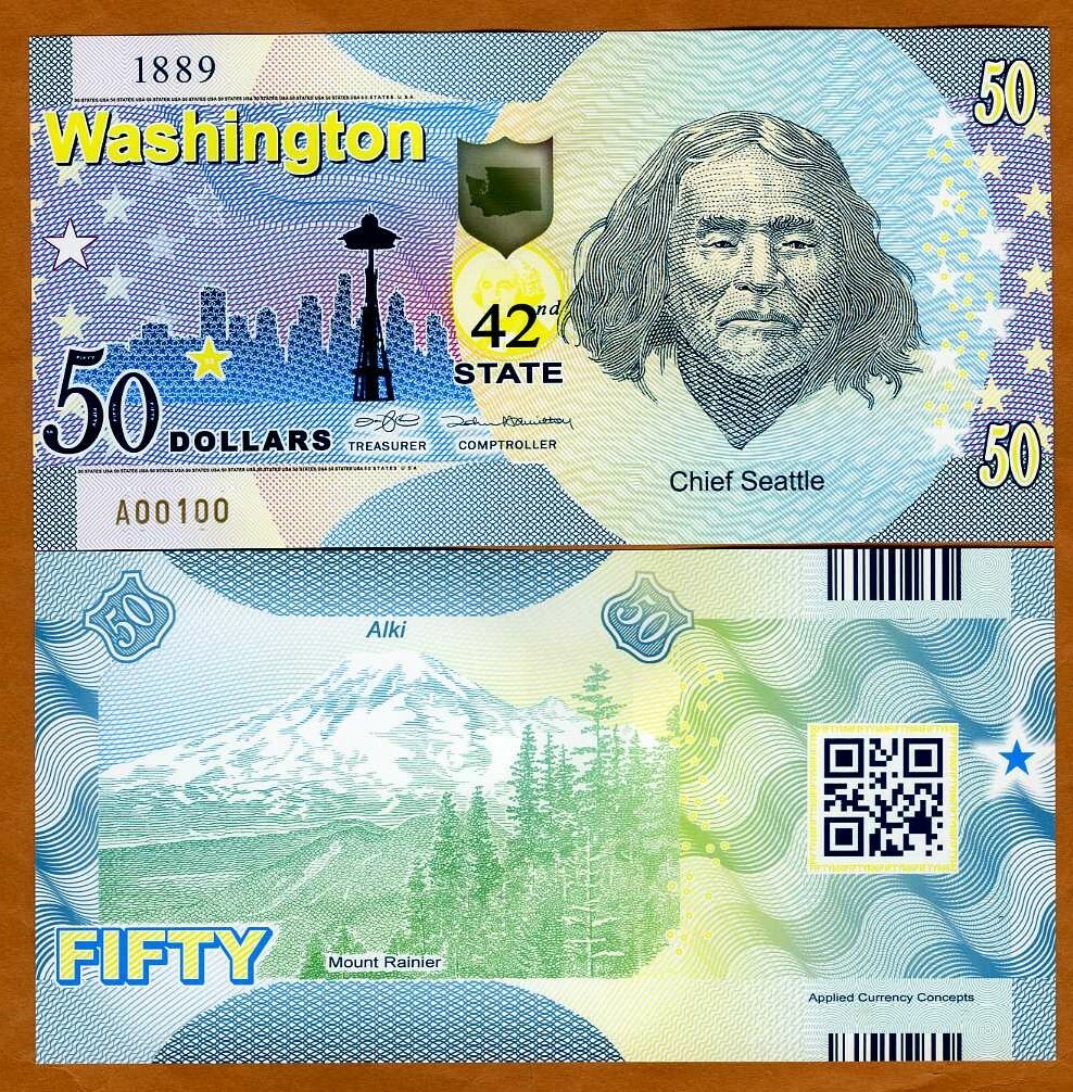 USA States, Washington $50, Polymer, ND (2020) Chief Seattle, Mount Rainier