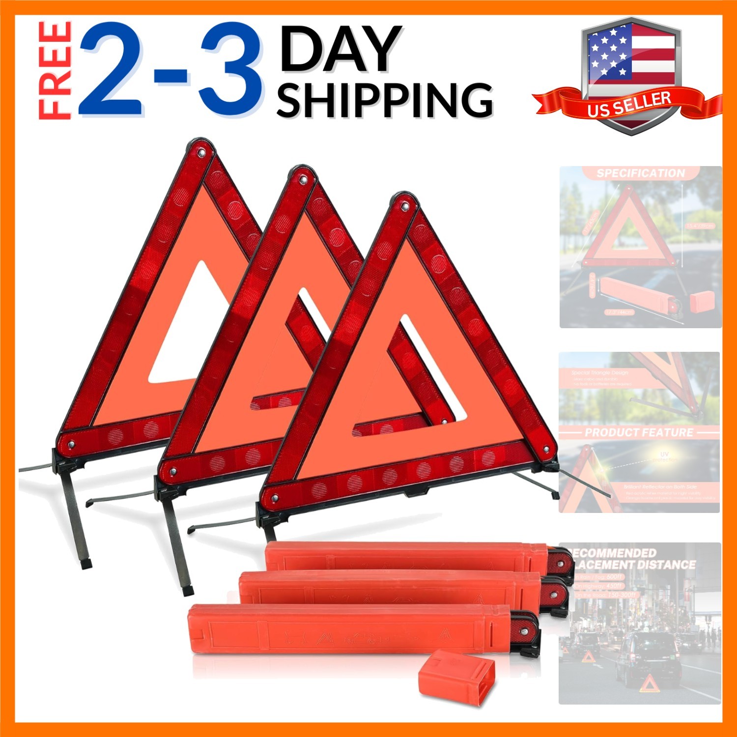 3 Pack Emergency s, Reflective Roadside Safety Triangle Kit with Storage Case...