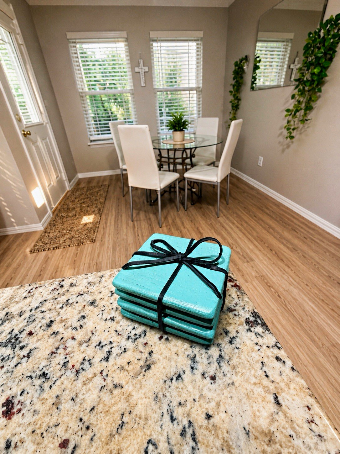 Handmade Rustic Turquoise Wood Coaster Set – Set of 4 with Holder