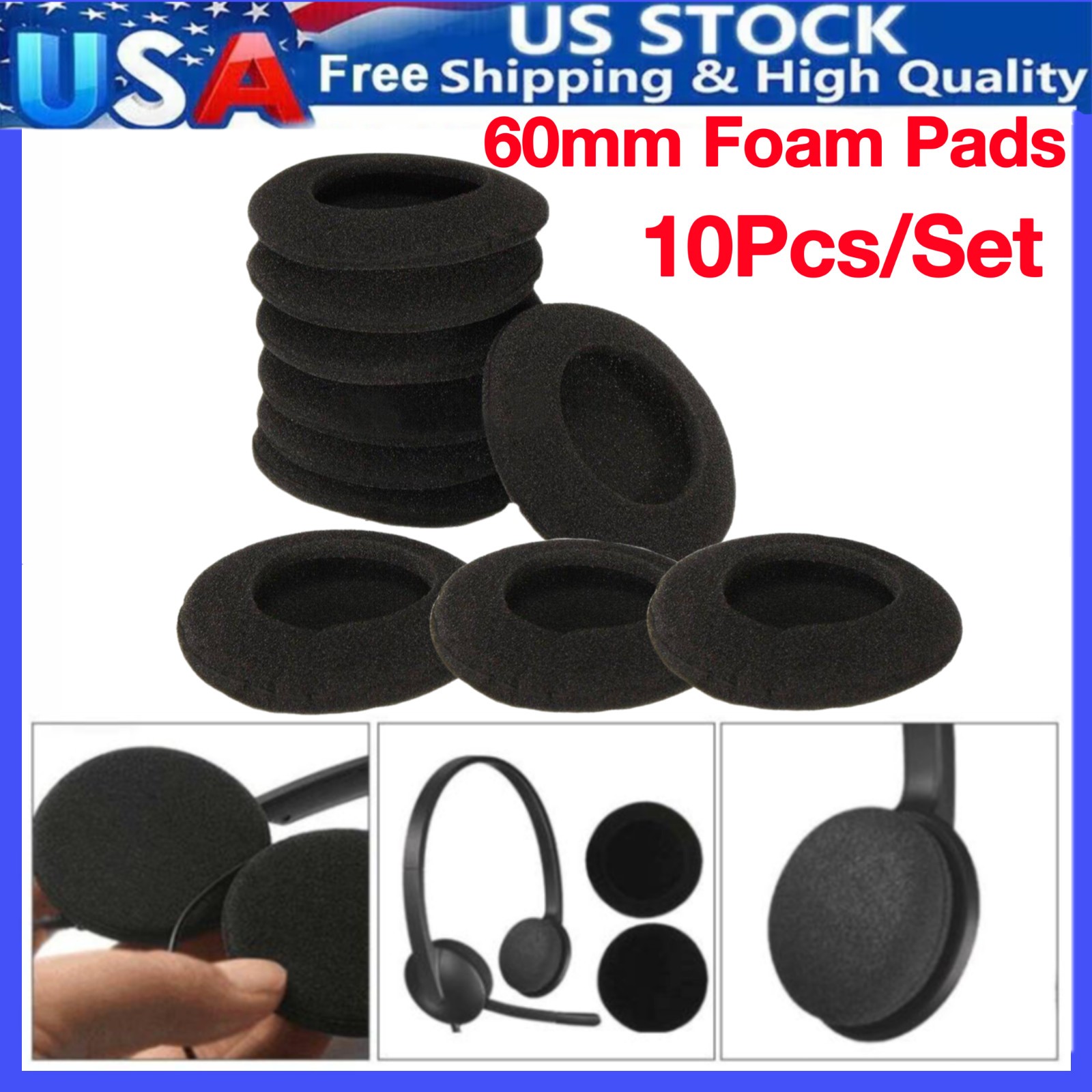 10Pcs 60mm Foam Pads Ear Pad Sponge Earpad Headphone Cover For Headset 2.35'' US