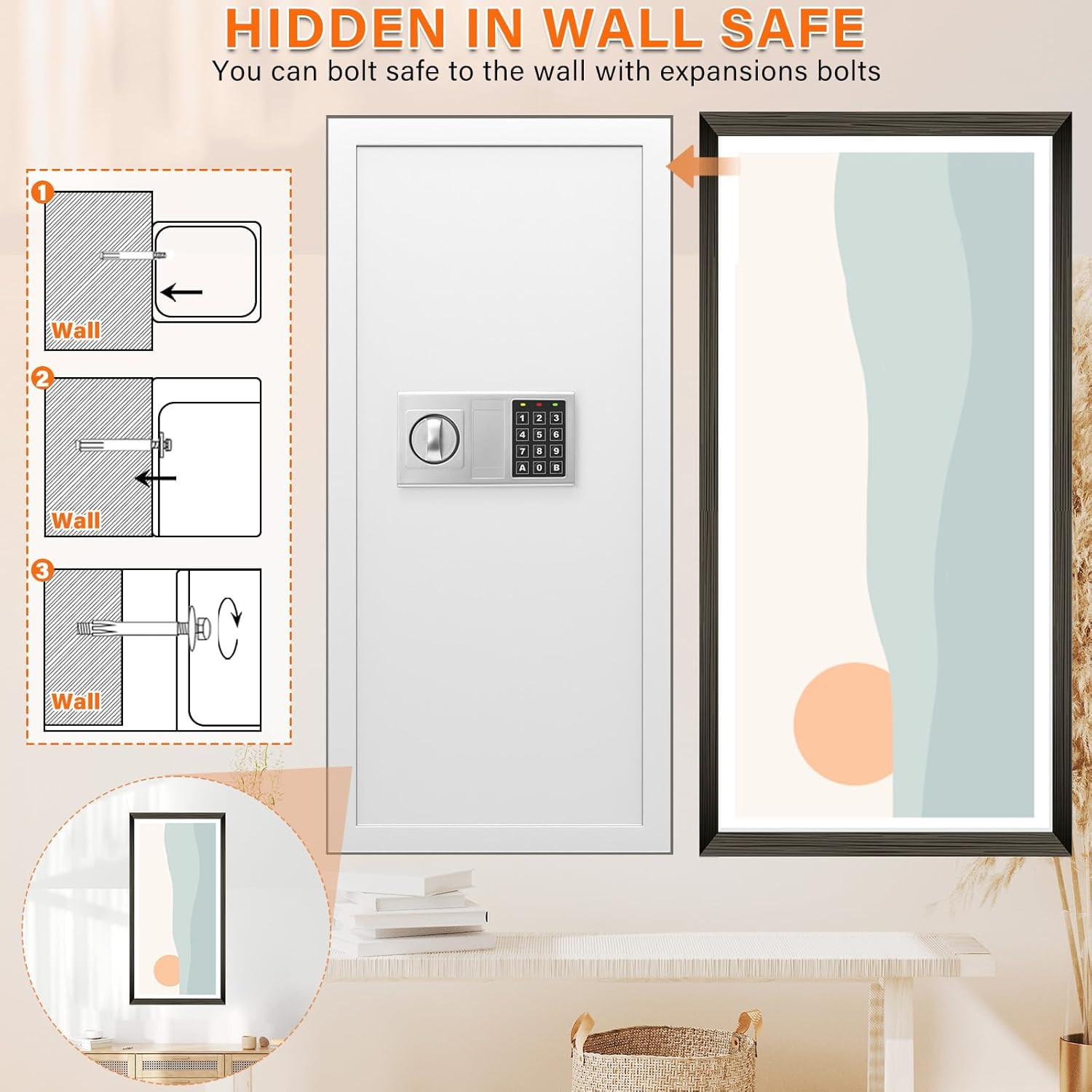 Fireproof In-Wall Safe with Combination Lock & 3 Shelves for Jewelry & Documents