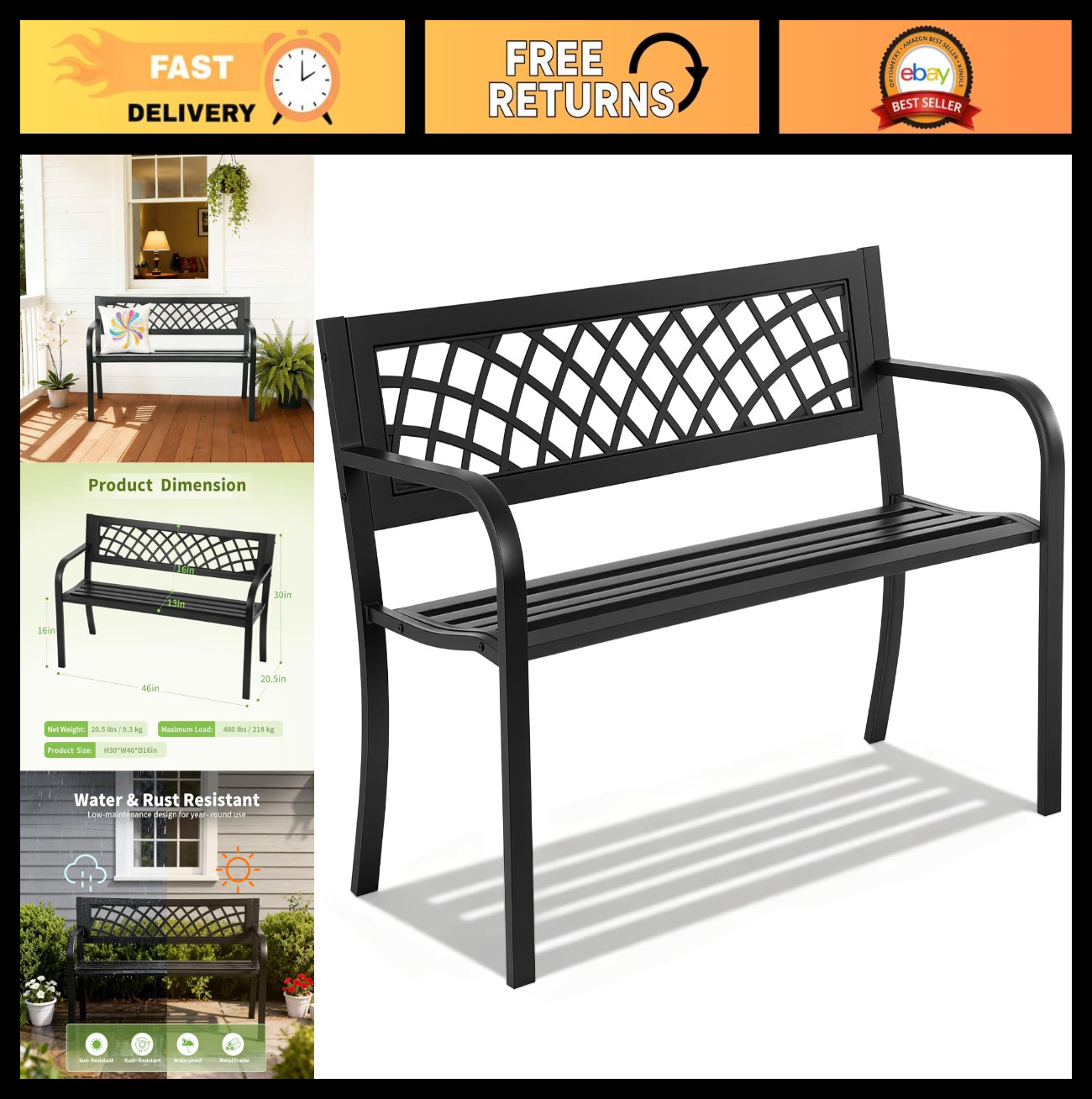 Outdoor Garden Bench - Iron Steel Frame Patio Seating with Mesh Pattern & Armres