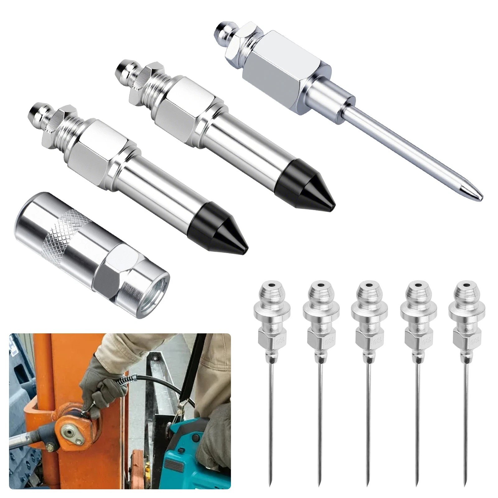 Durable Grease Gun Needle Nozzle Kit with Rubber Adapter Fitting Tool 9Pcs Set