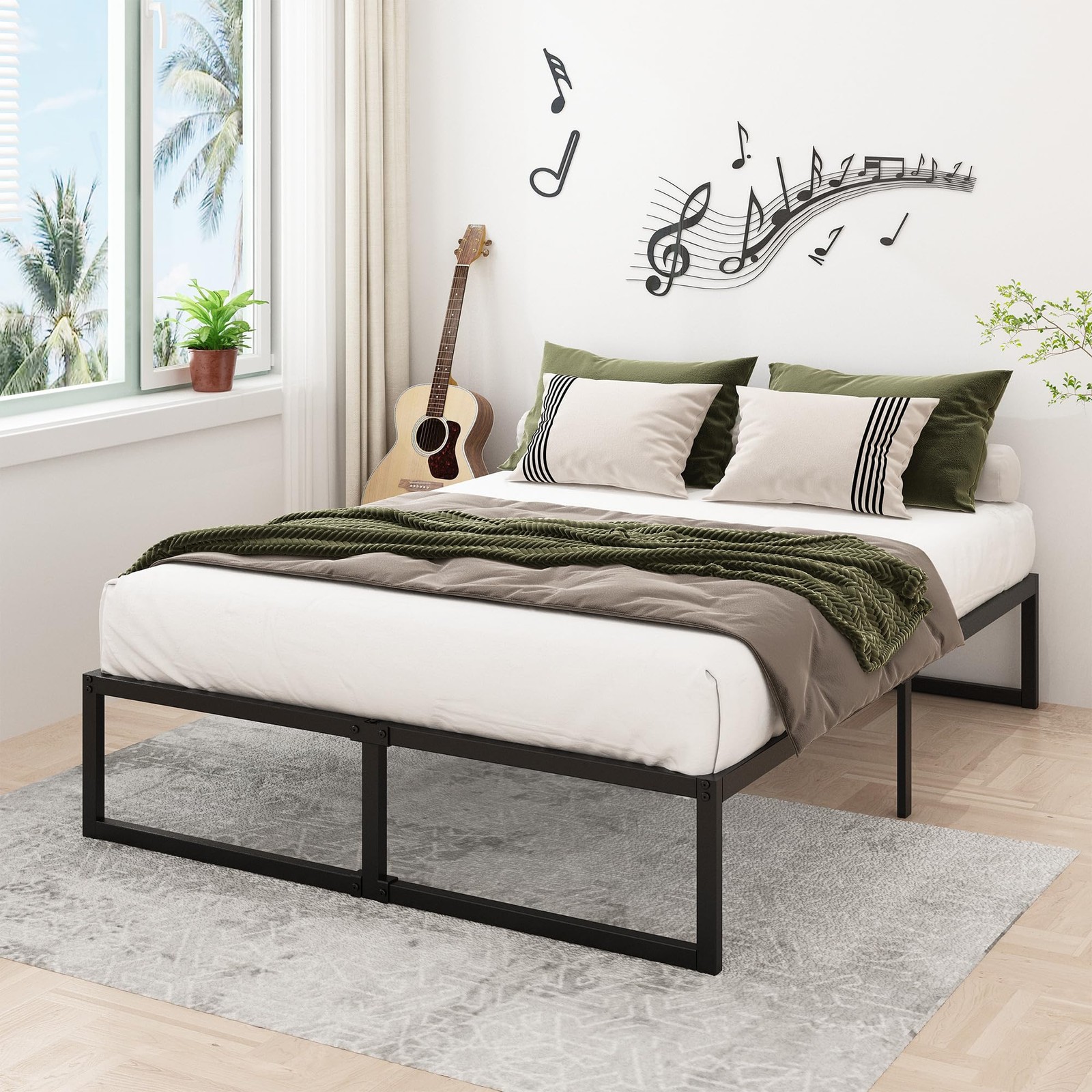 16 Inch Metal Platform Bed Frame, No Box Spring, Heavy Duty, Black