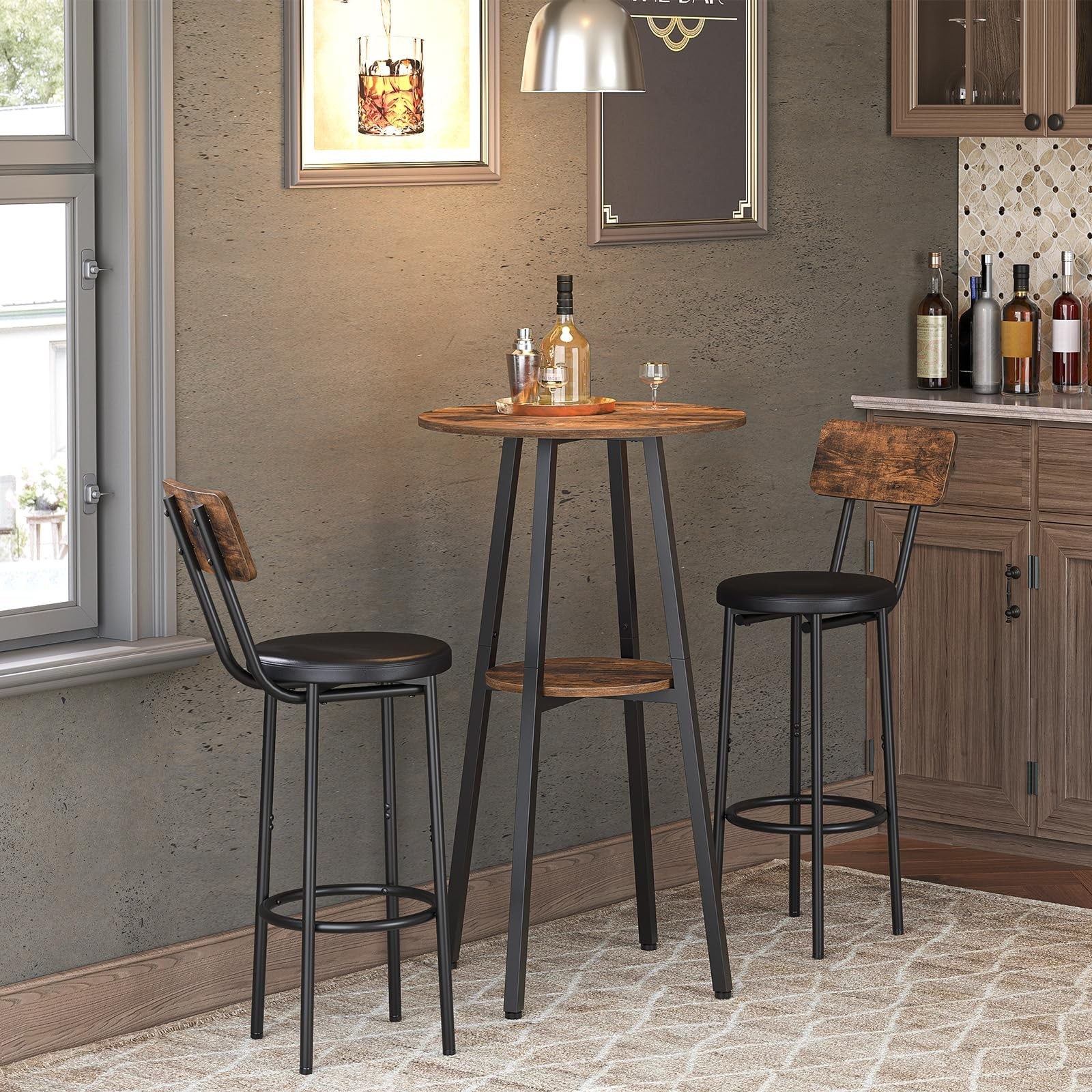 Round Pub Table with Storage, 37.4" High Top for Small Spaces, Easy Assembly, Ru