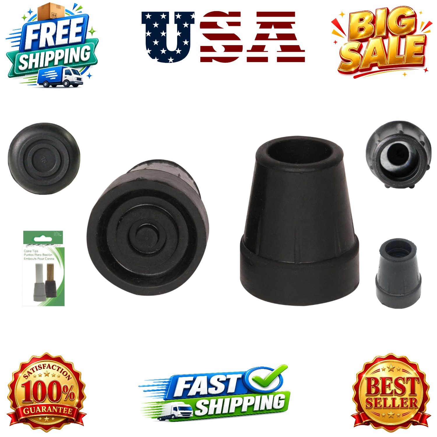 Replacement Cane Tips, 3/4 inch / 1.9 cm diameter, Black, Two Tips