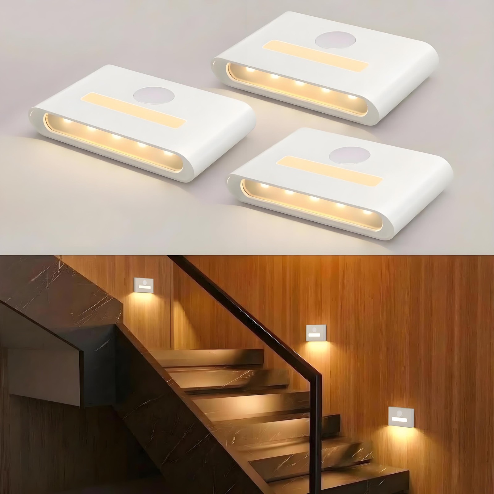 Rechargeable Wireless Motion Stair Lights, Stick-On Wall Light with Dual Inde...