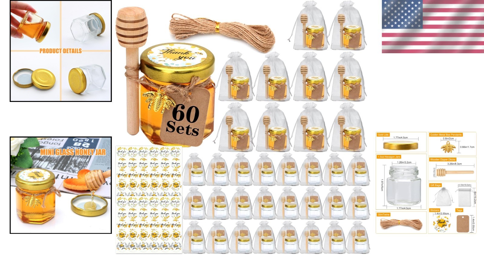 60-Pack Hexagonal Honey Cans with Bee Pendants