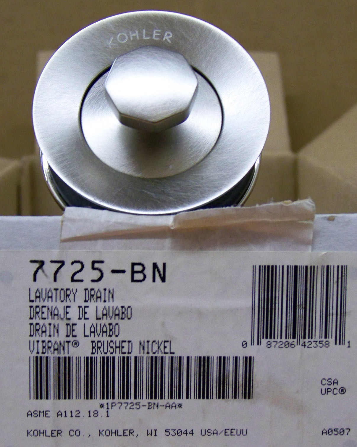 KOHLER  Lavatory Drain w/ Non-Removable Metal Stopper, Non-Overflow - K-7725-BN