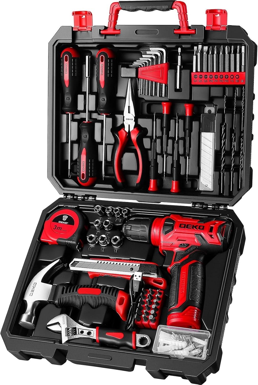 Drill Set: Tool Set with 8V Red Cordless Drill,126 pieces