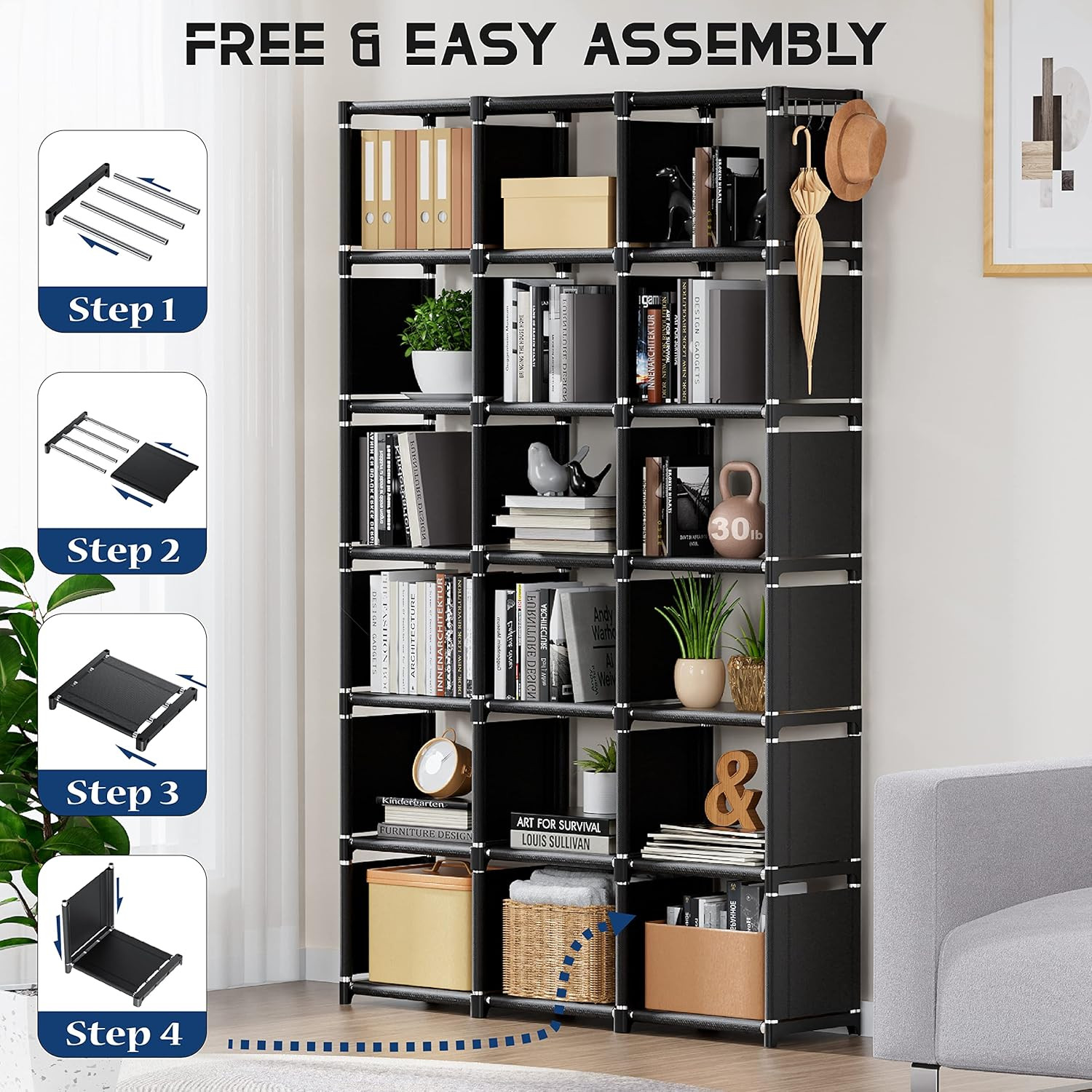 Bookcase, 18-Cube Extra Large Book Shelf, DIY Cube Storage Organizer for Bedr...