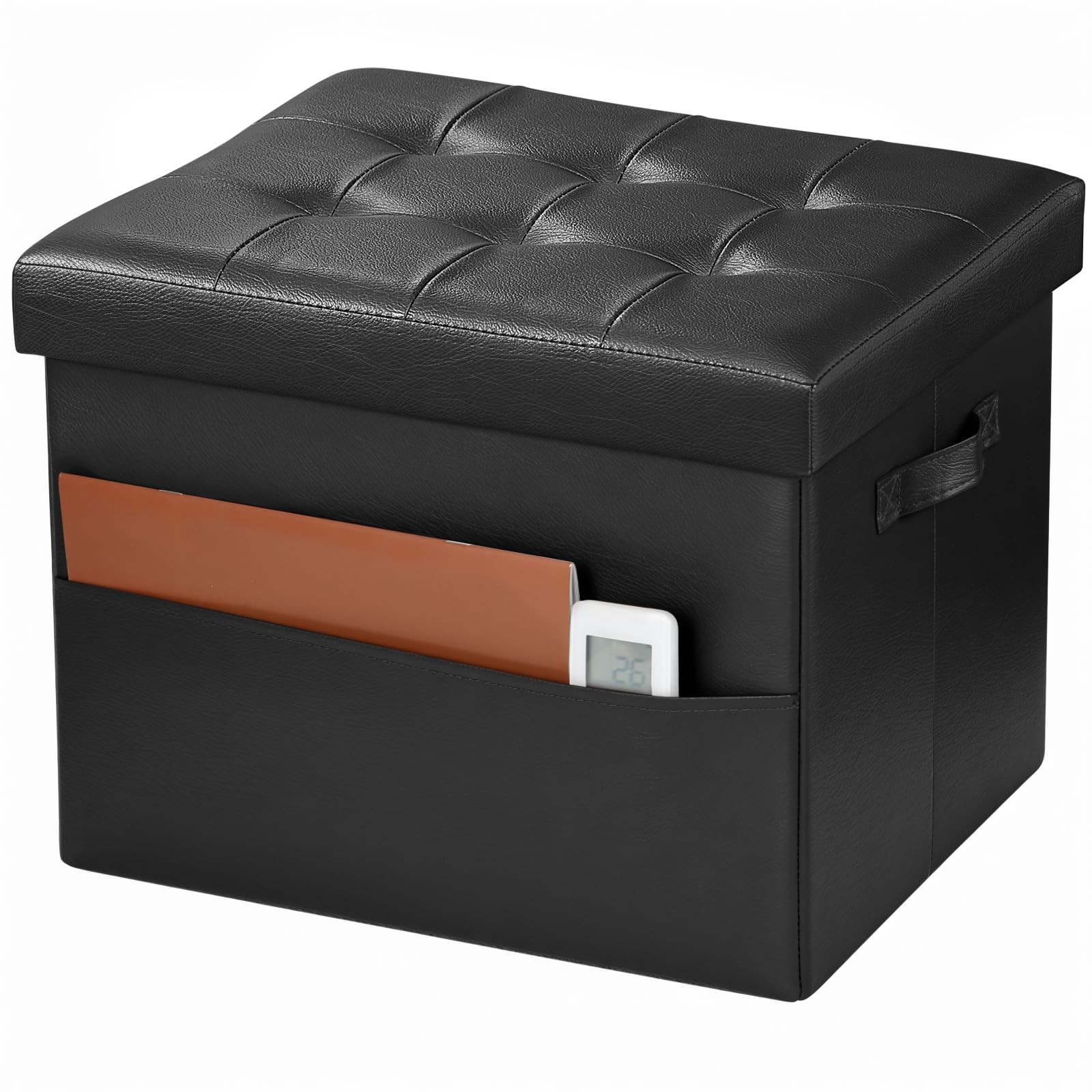 Storage Ottoman Foot Rest Stool Leather Folding Bench Handles Lid Black