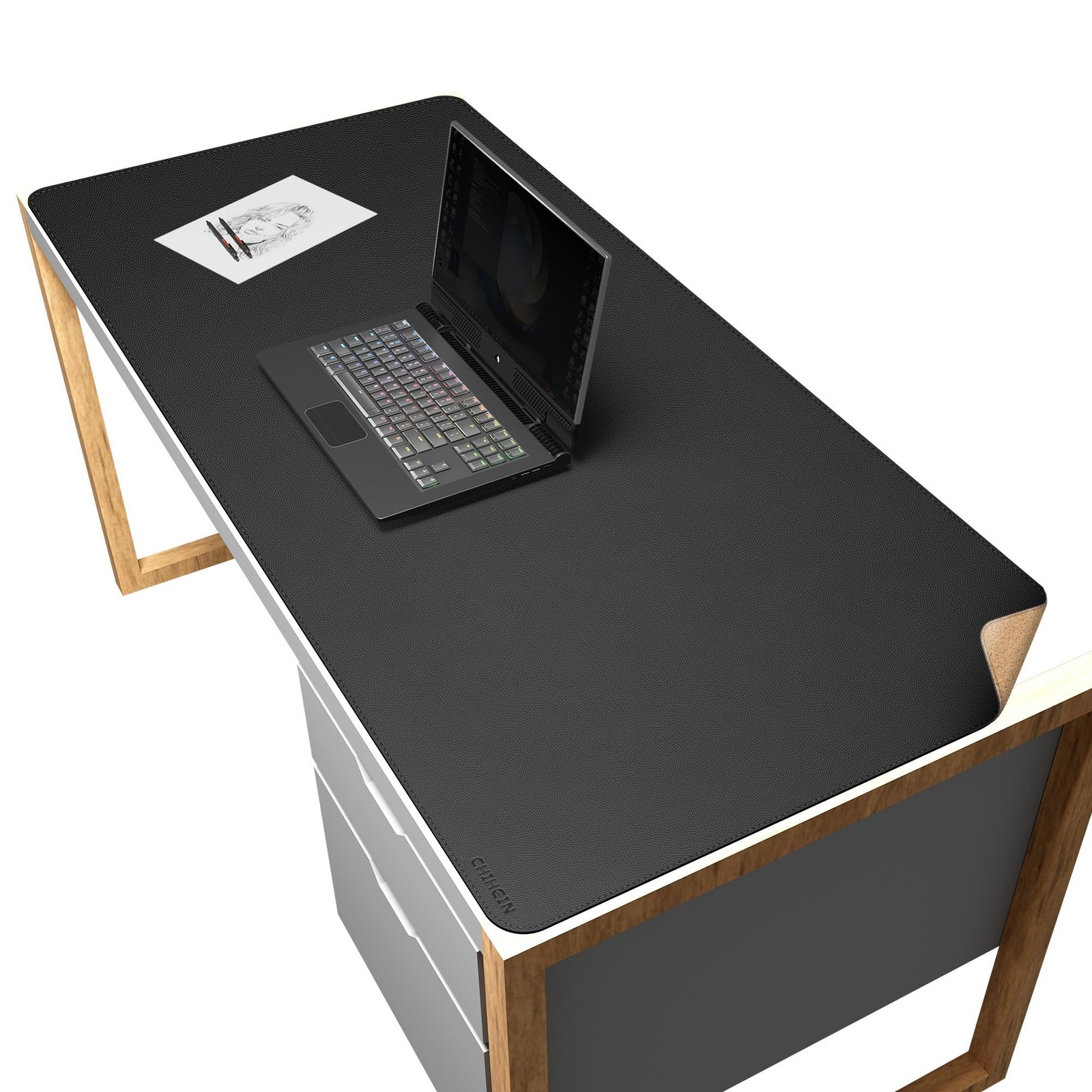 Chihein 51" x 24" Cork & PU Leather Desk Mat (Black) Waterproof Double Sided