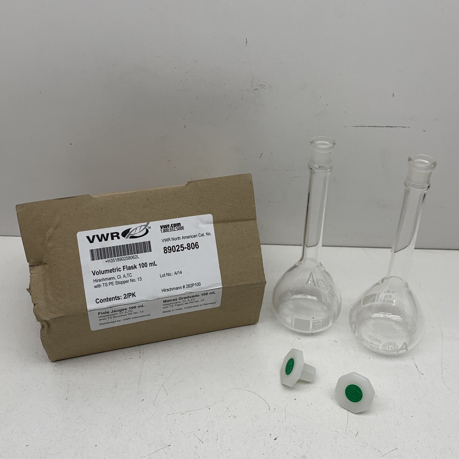 (2-Pack) VWR 89025-806 Volumetric Flask 100mL with Stopper