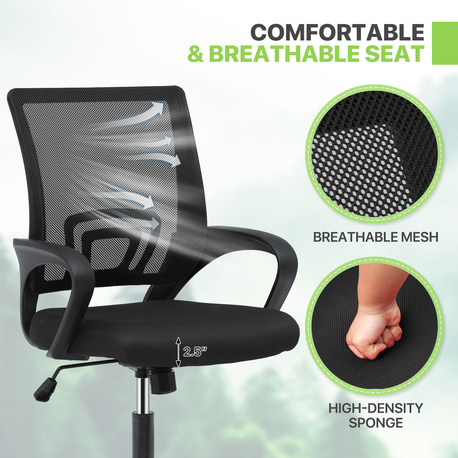 Rolling Computer Chair[PURE BLACK]Breathable Mesh Meeting Room Home Office Seat