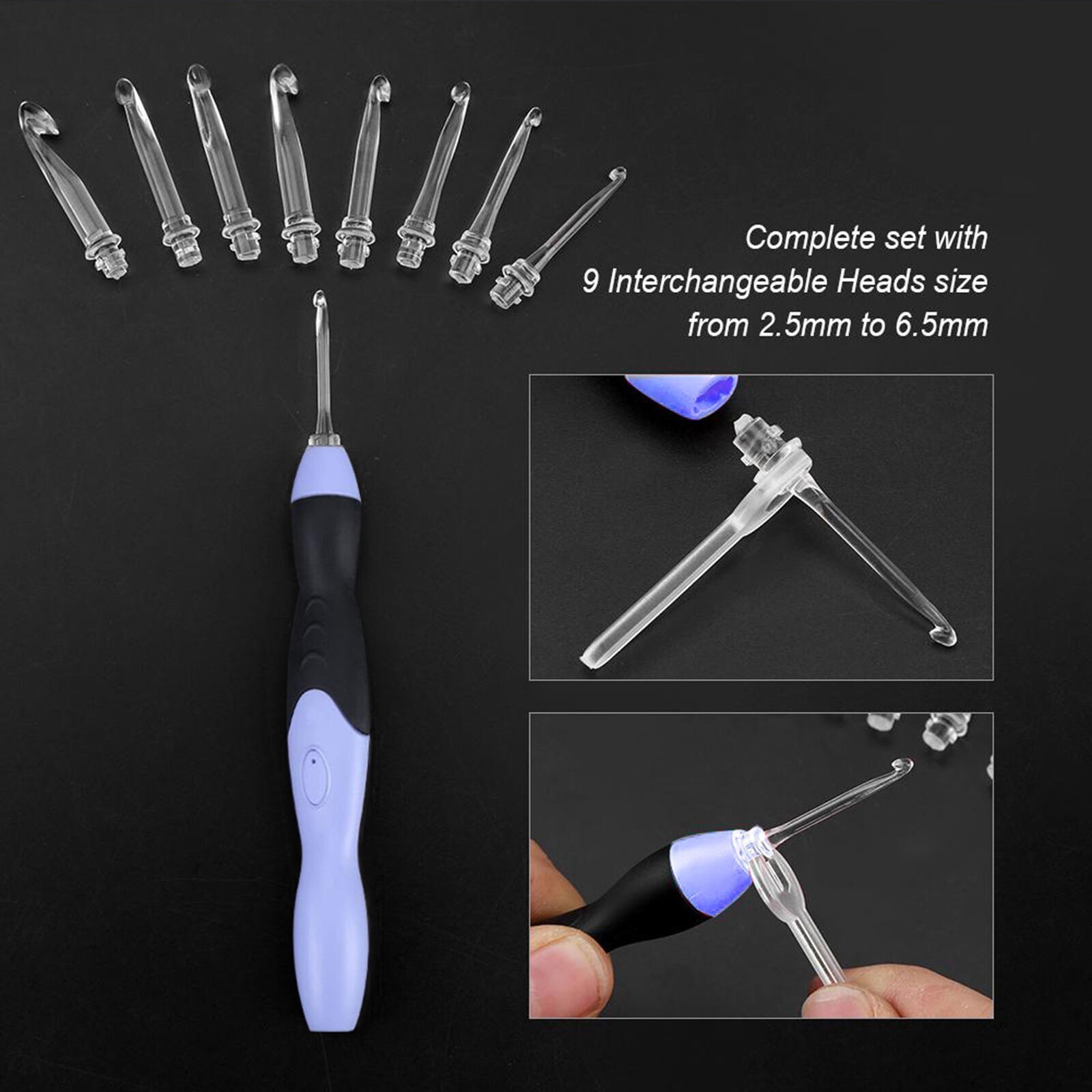 USB Rechargeable LED Light Up Crochet Hook Set Knitting Tool with Replaceable