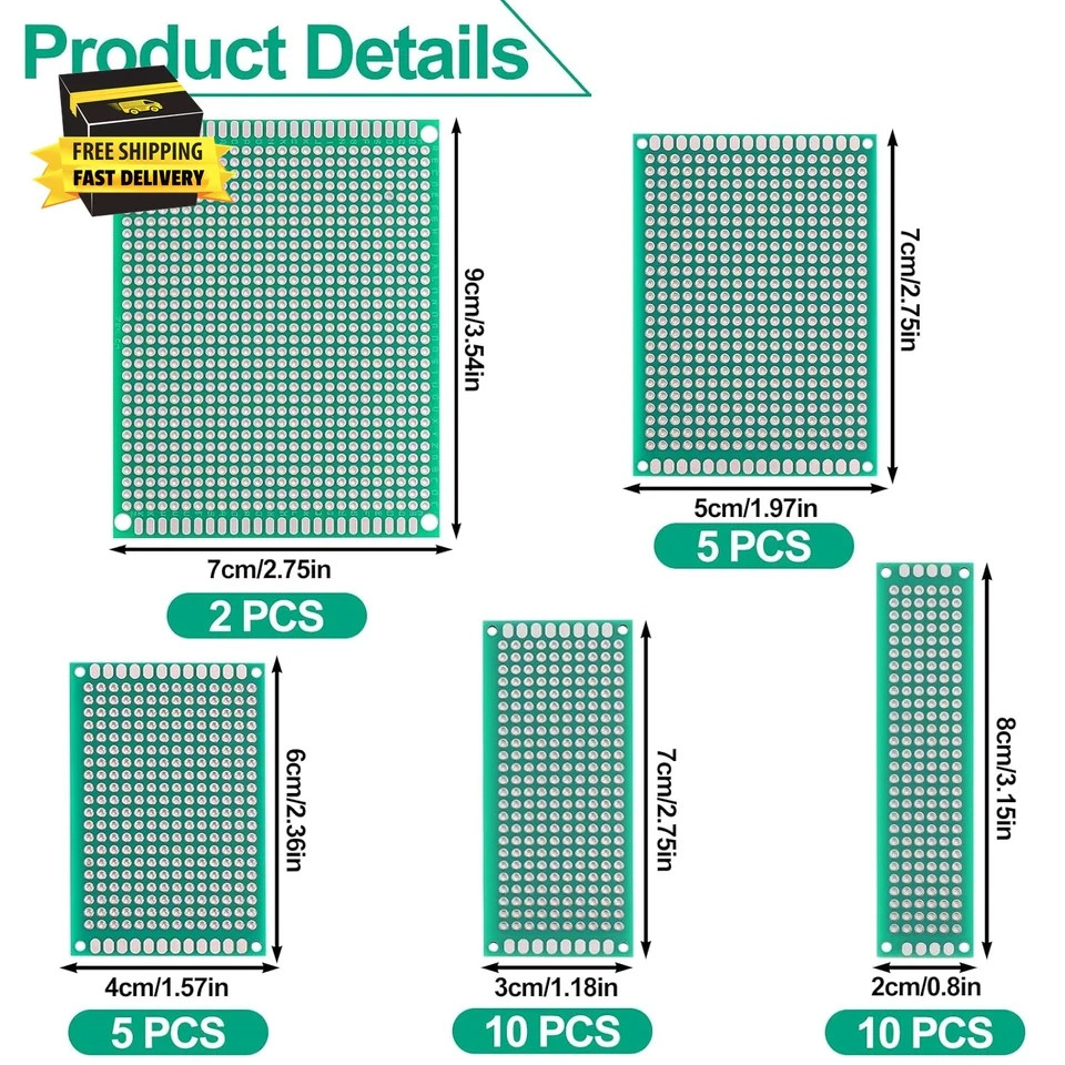 32 Pcs PCB Board, Green Circuit Board with 5 Sizes Compatible, Double Sided PCB