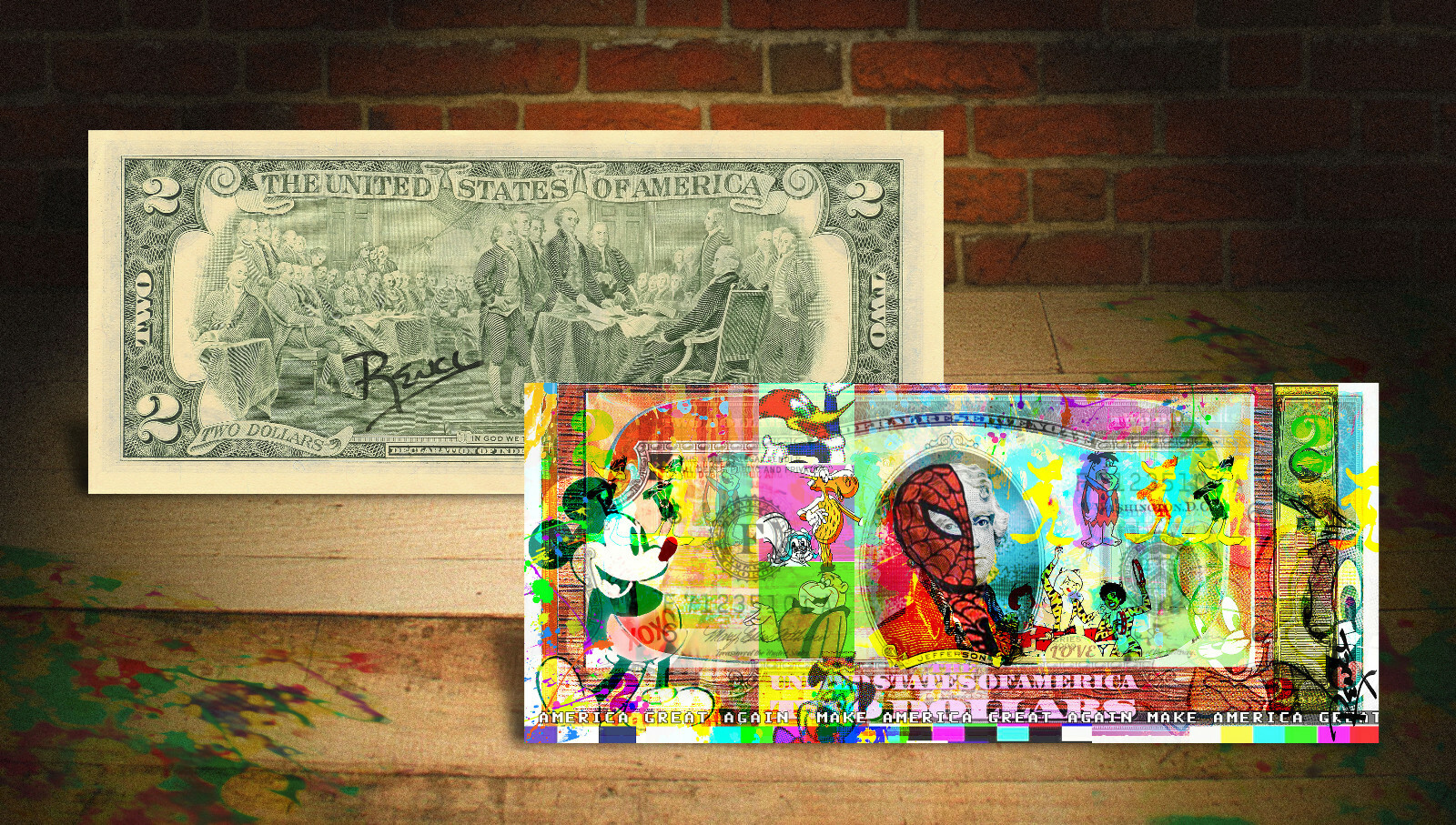 CARTOONS Spiderman Flintstones MAGA Genuine Tender $2 US Bill SIGNED by Rency