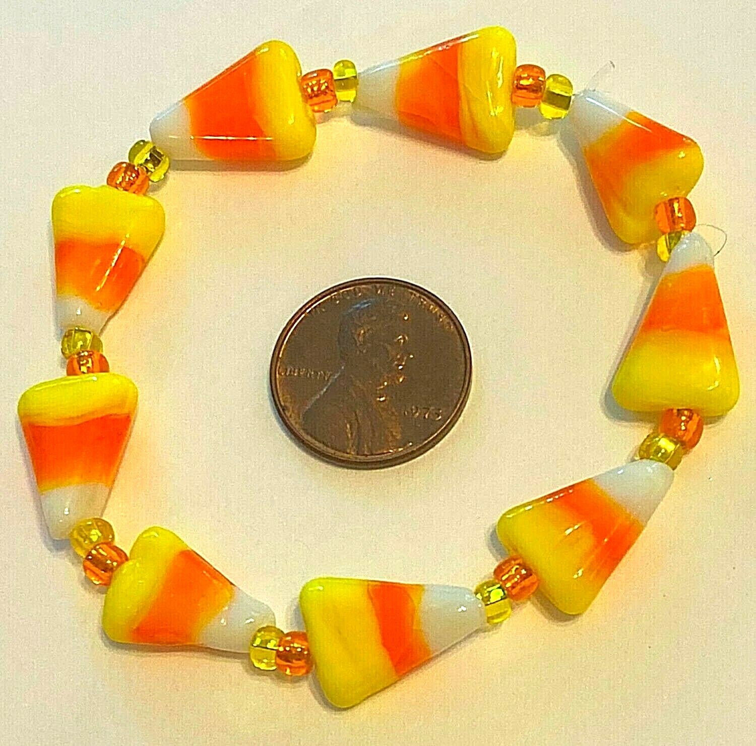 HALLOWEEN/FALL/AUTUMN STRETCH BRACELET-CANDY CORN-LAMPWORK -M-HANDCRAFTED-#801