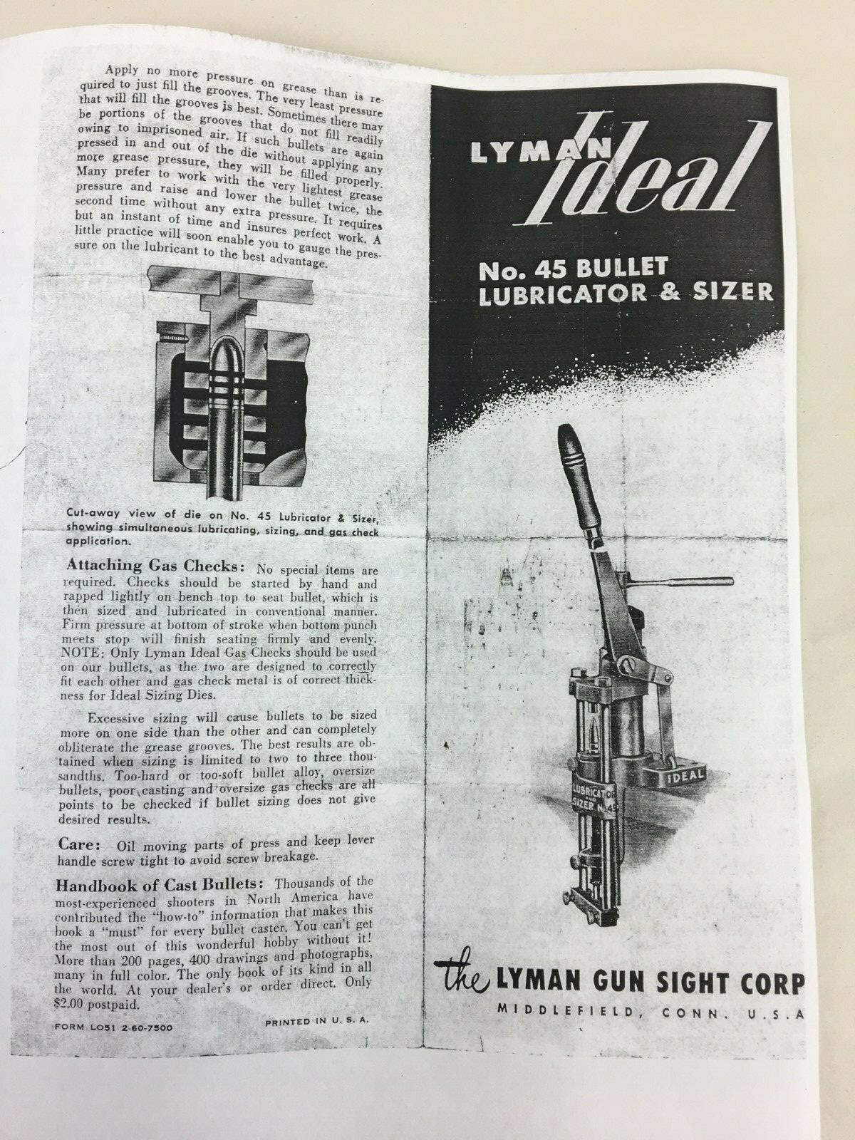 Photo Copy Instructions for Ideal No.45 Bullet Lubricator & Sizer