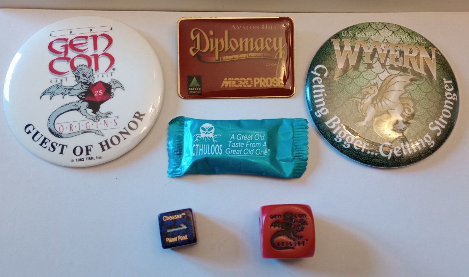 Vintage 1992 swag GEN CON Origins 25 Promo Dice, Pinbacks, Chessex, Cthulhu