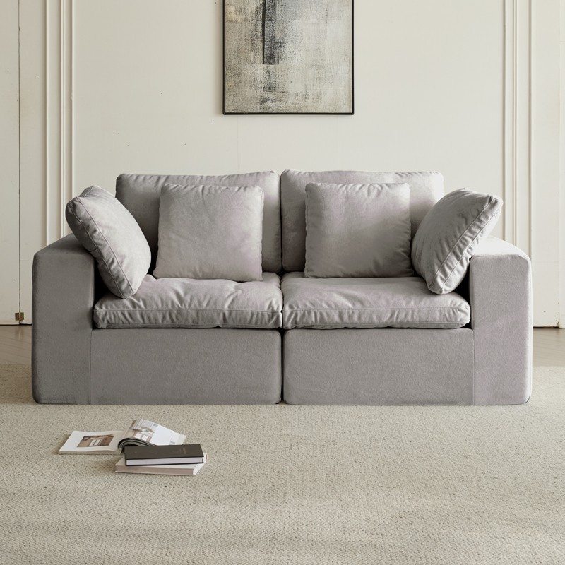 Compressed Sectional Sofa Modern Minimalist Style Corduroy Couch Light Gray