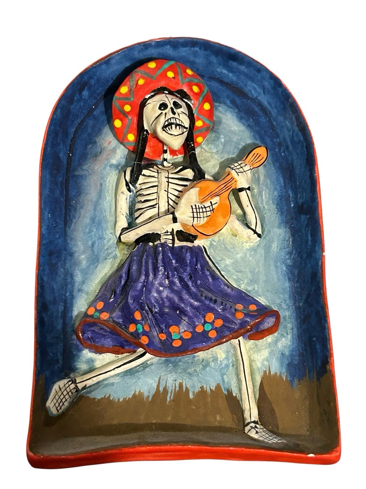 Vintage Day of the Dead Retablo Skeleton Woman Guitar Signed Alcidez Quispe 4”