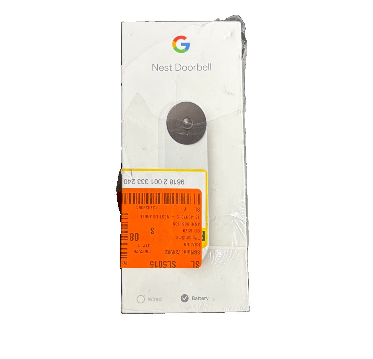 Google Nest Doorbell Battery Wireless Video Doorbell WiFi GA01318-US Sealed