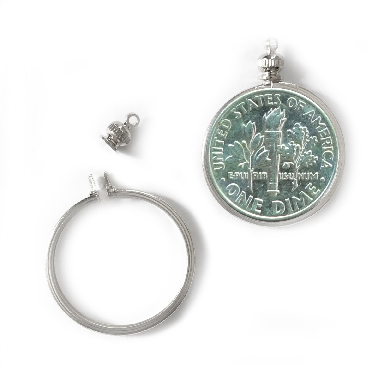 Dime USA / 10 cent Coin Holder Bezel ~ Silvertone charm, necklace, pendant, pk/2