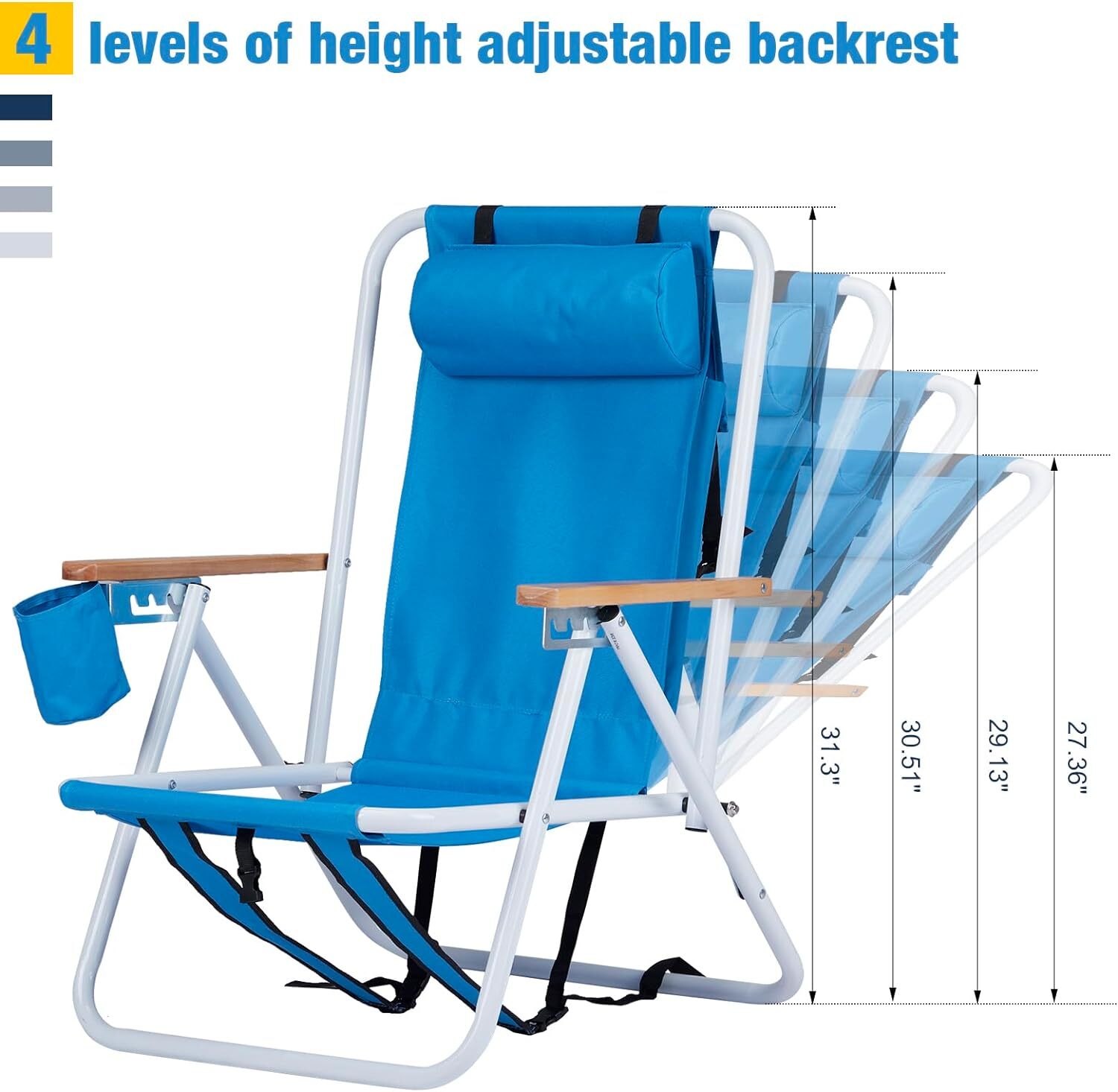 Folding Beach Chair Adjustable Headrest 4Flexible Tilt Angle Cup Holder Portable