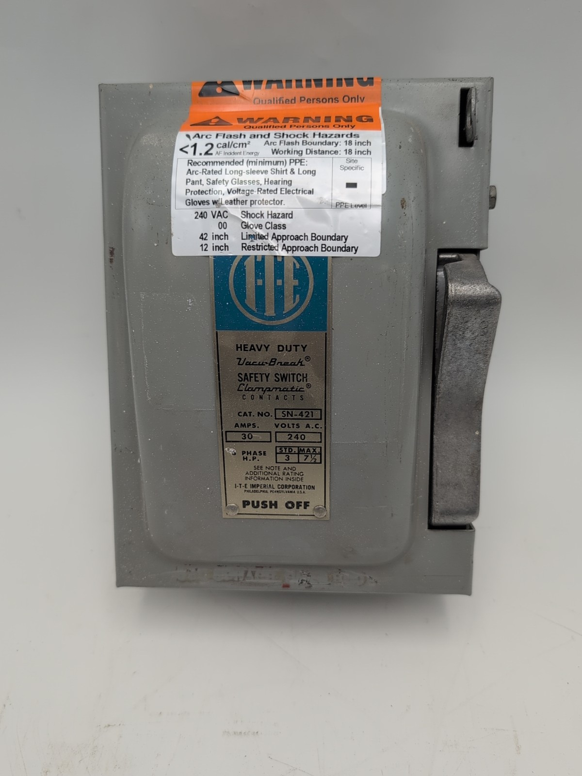 ITE Heavy Duty Vacu Break Switch SN-421  30 Amps 240 Volts 3 Ph           D-4