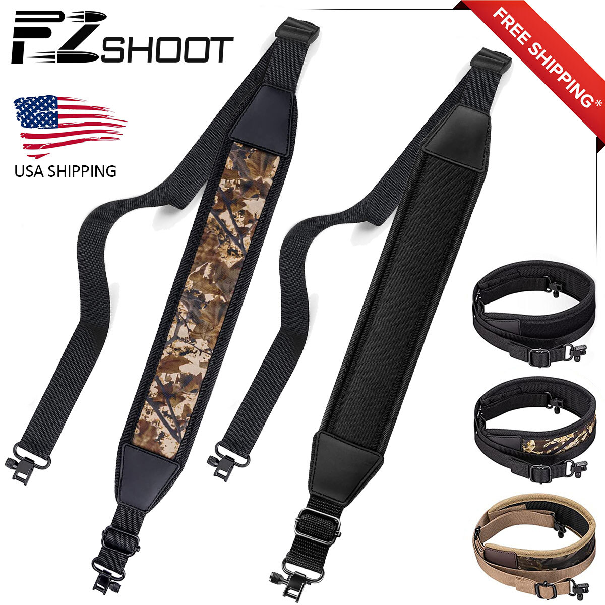 Camouflage 2 Point Rifle Gun Sling Non-slip Shoulder Padded Strap + Alloy Swivel