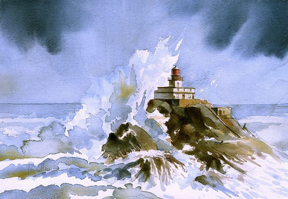 Tillamook Rock Lighthouse, Oregon. Huge storm wave. James Mann Art Notecards