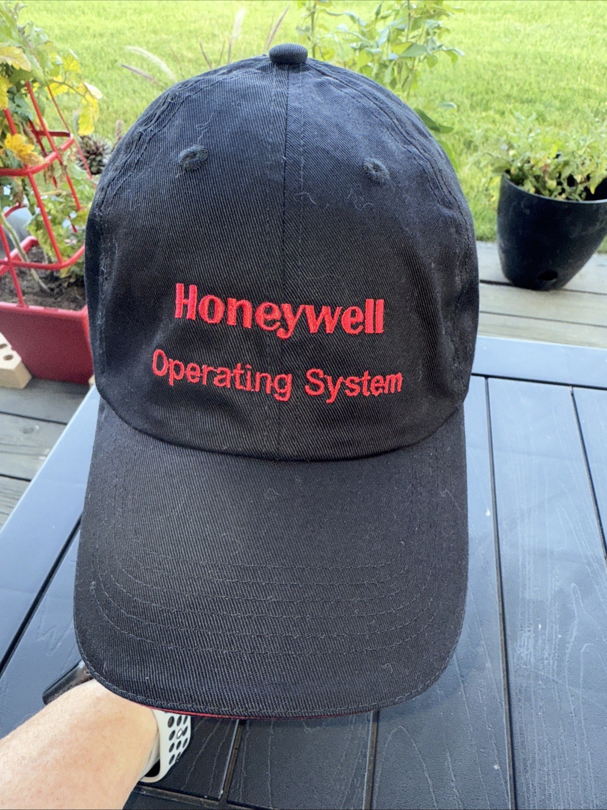 Honeywell Operating System Red Letters on Black Hat Cap Hook Loop South Bend