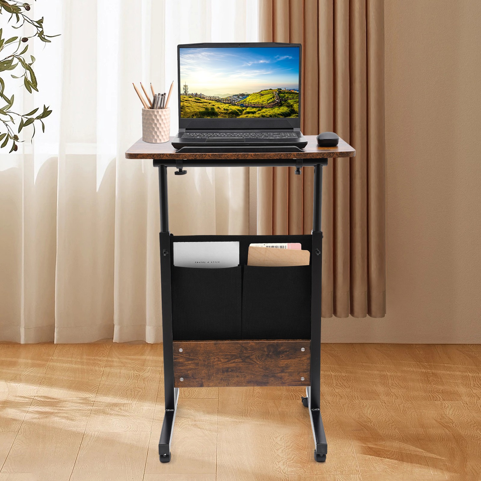 Rolling Adjustable Laptop Desk 32-47in Mobile Standing Table w/ Storage