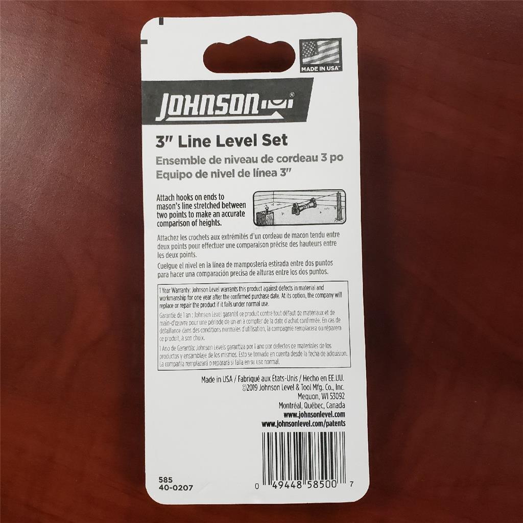 = Johnson 3" Line Level Set Easy Read Lightweight Frame 585 40-0207