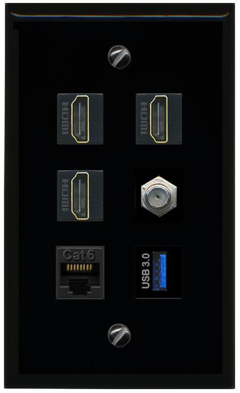 1 Port CAT6 COAX 3 HD USB-3 Wall Plate-Flat Black/Black