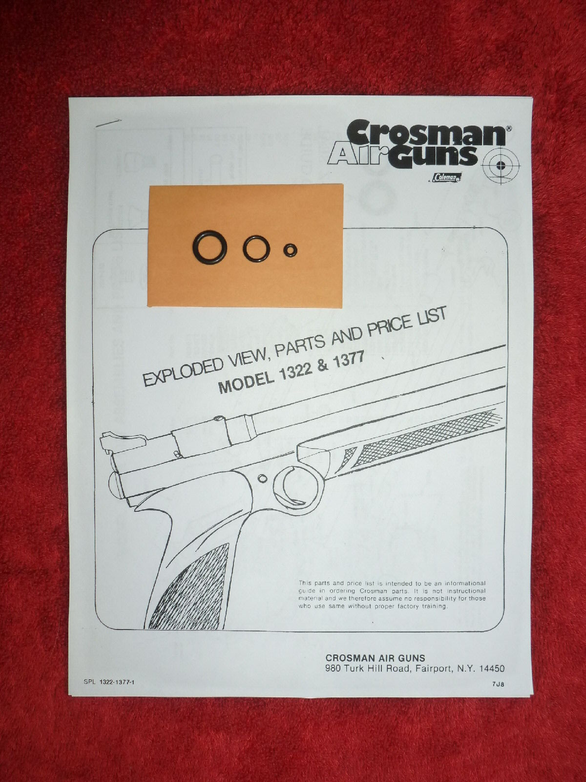 Crosman 1322 1377   One Seal Kit + Exploded View & Parts List + Seal ID Guide