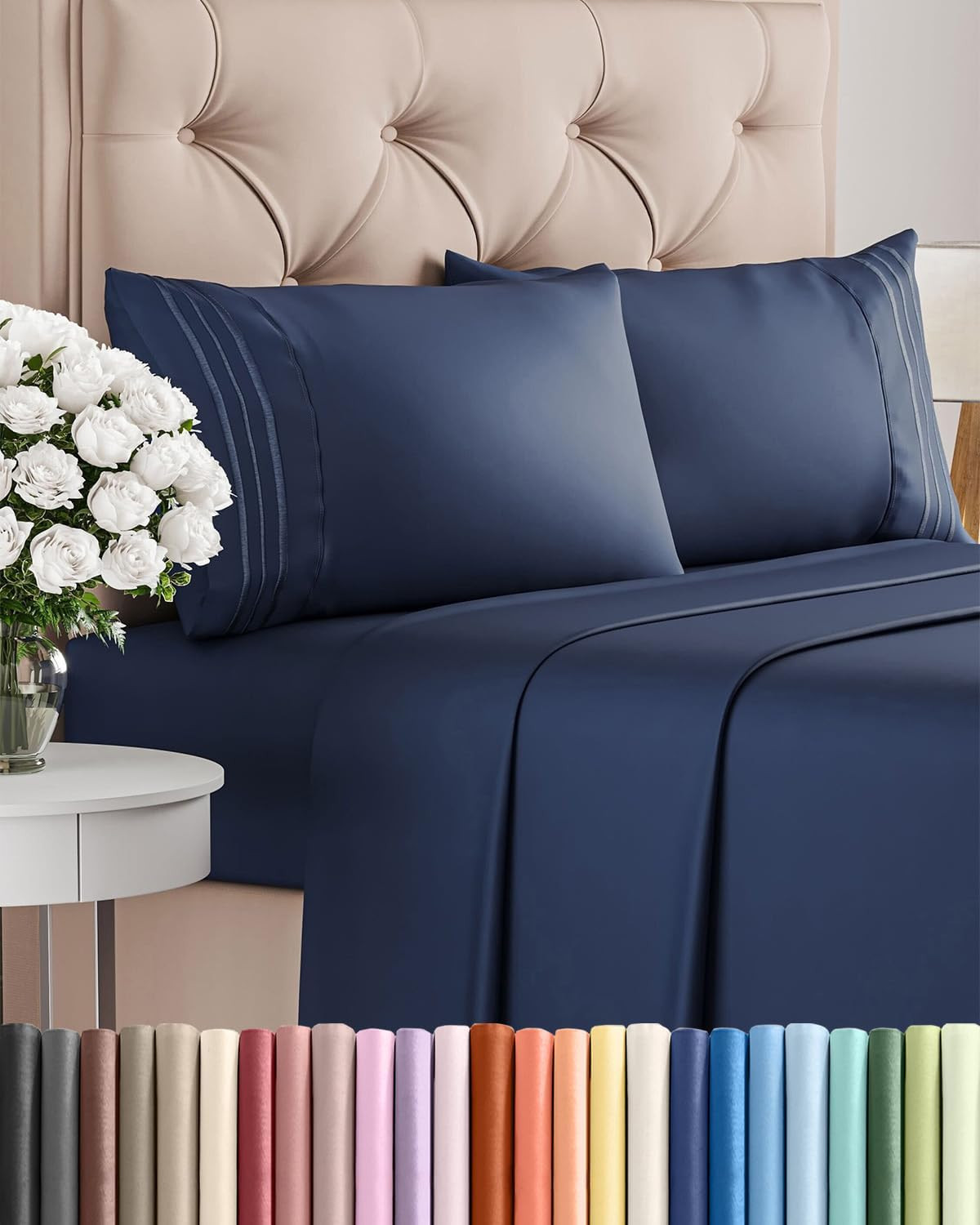Queen Size 4 Piece Sheet Set - Breathable & Cooling Sheets - Navy Blue | Hotel L