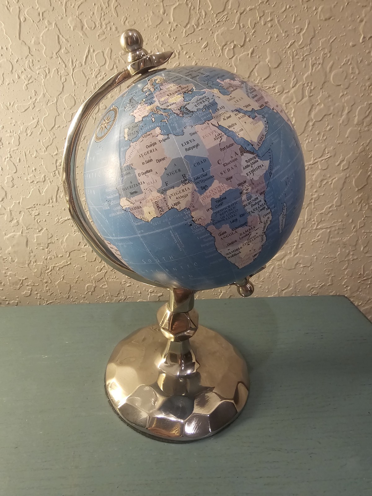 Vintage 11" Tall Desk Globe W/Hammered Chrome Base & Arm-Very Good