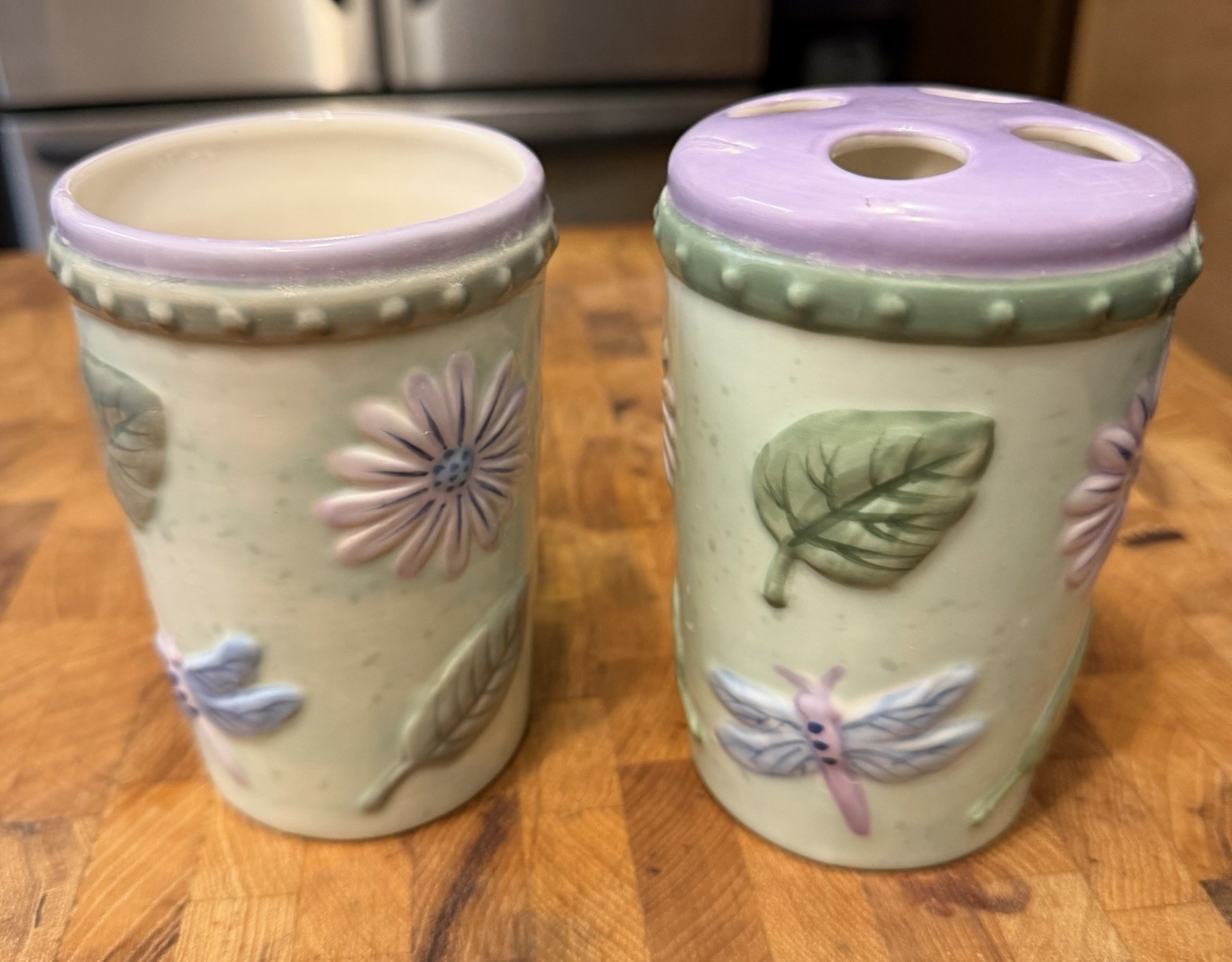 Favorite Things Set Floral Dragonfly Ceramic Tumbler Toothbrush Holder READ⬇️
