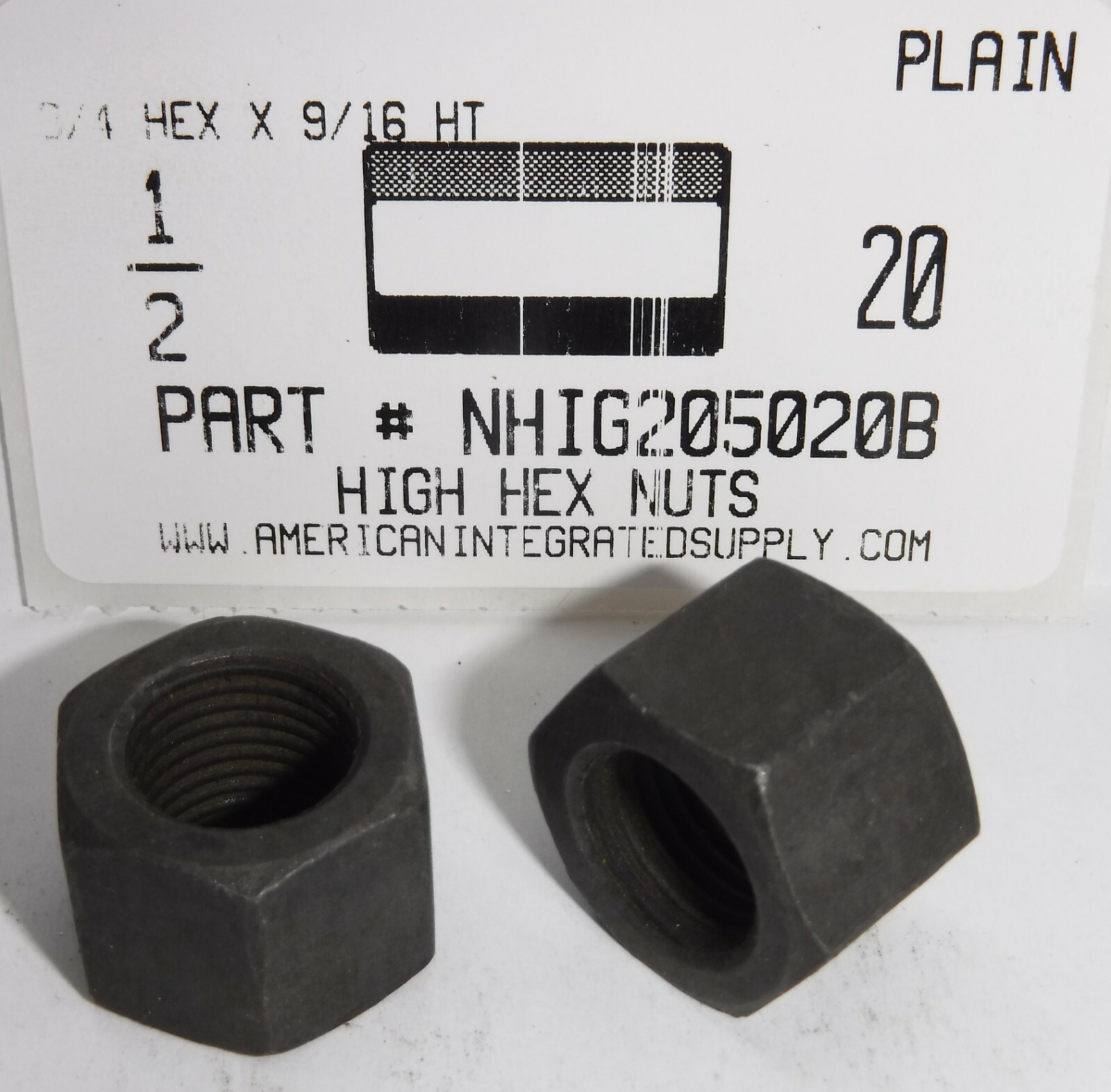 1/2-20 HIGH HEX NUTS STEEL PLAIN 3/4 HEX X 9/16 THICK (10)