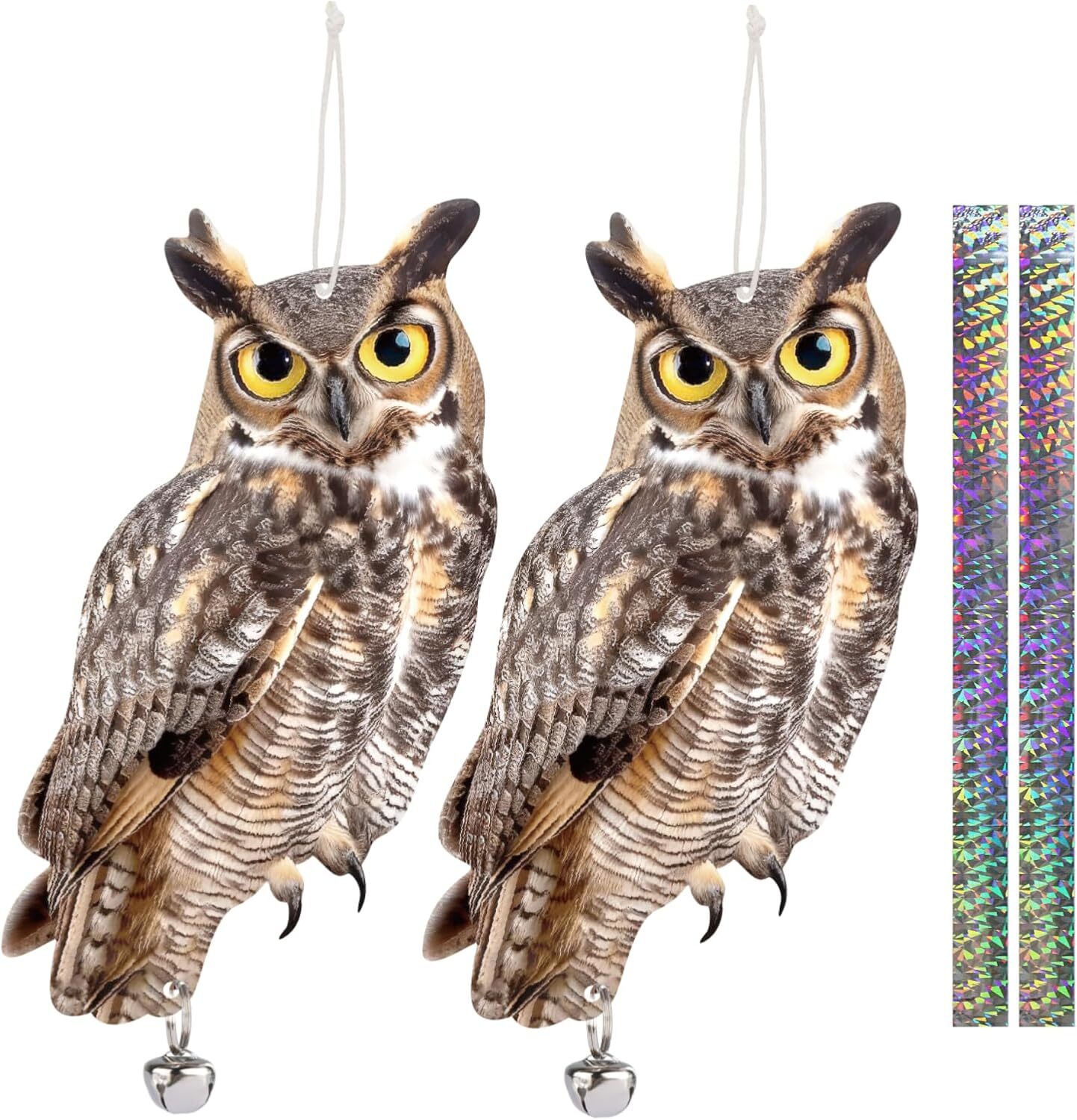 2 Pack Hanging Reflective Owl Decoy | Fake Bird Repellent Scare for Garden